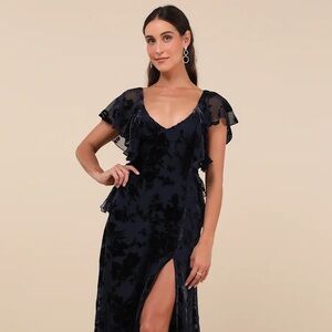Lulus Romantic Wonder Navy Burnout Velvet Ruffled Tie-Back Maxi Dress